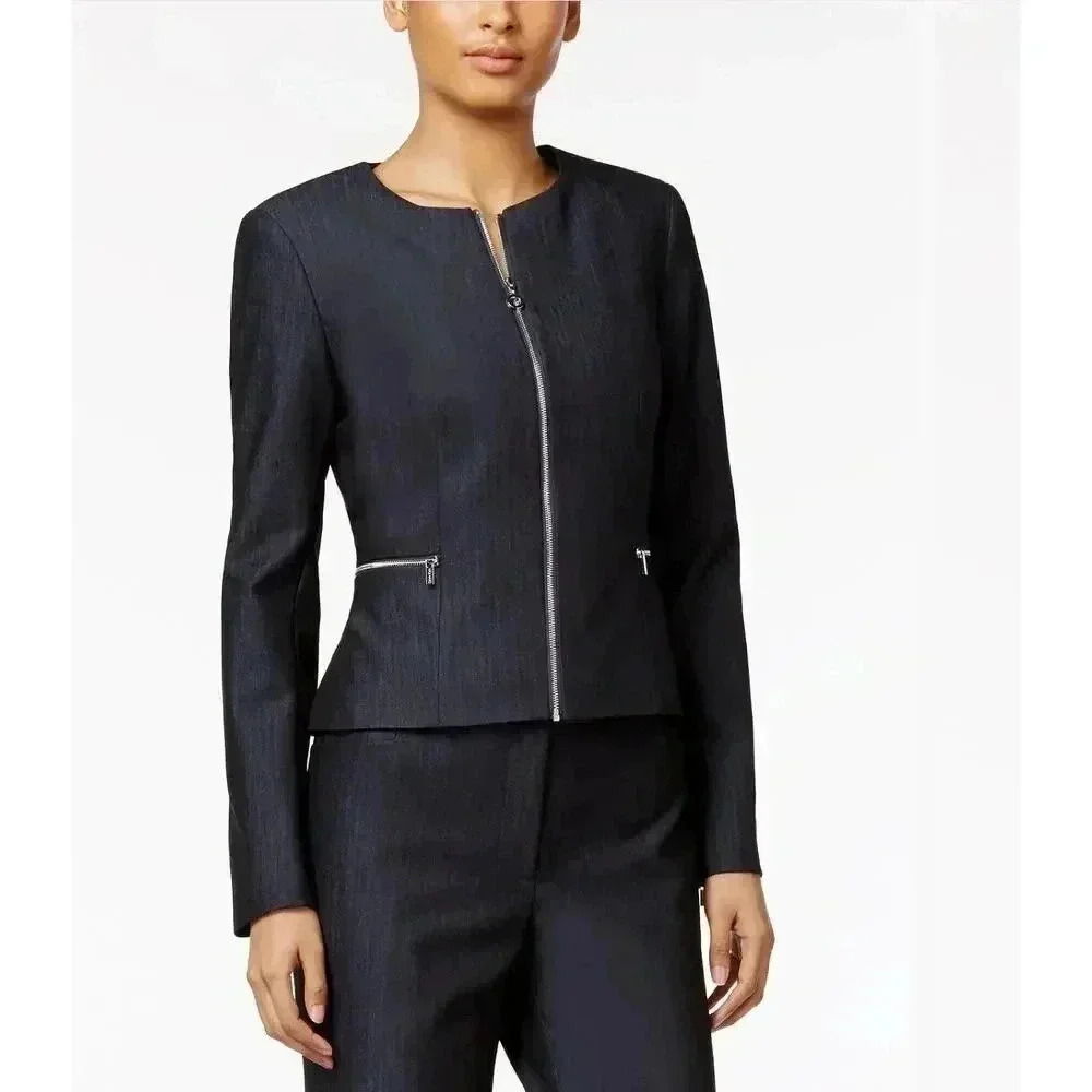 Calvin Klein Womens Denim Blue Peplum Zip Up Blazer, Size 8